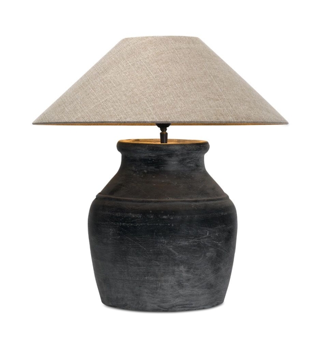 Keramiklampe Hamo in schwarz mit Leinenschirm
